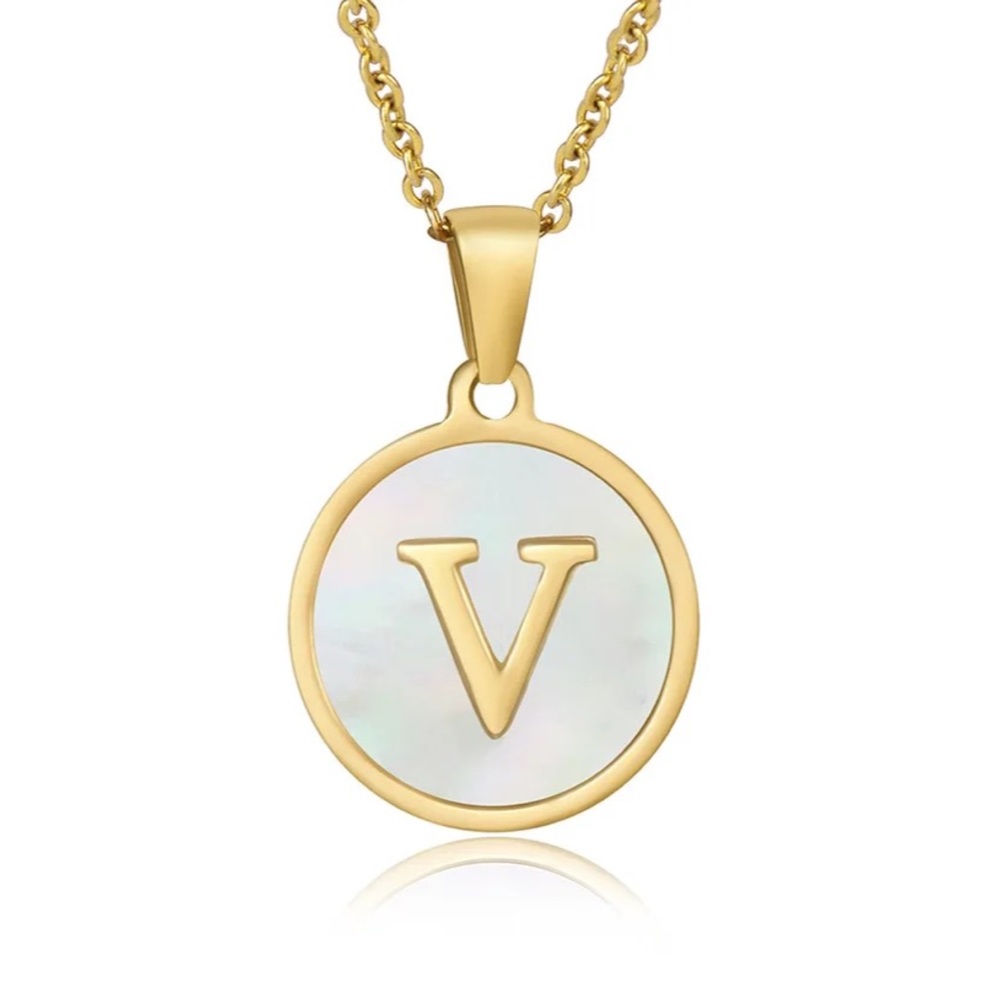 Letter “V” Initial Pendant 18k Gold Plated Real Mother Pearl A, B, C, D,…